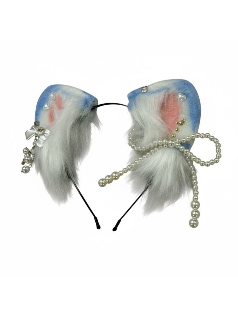 Faux Fur Cat Ear Headband With Pearls & Bow Embellishments For Cosplay Or Costum